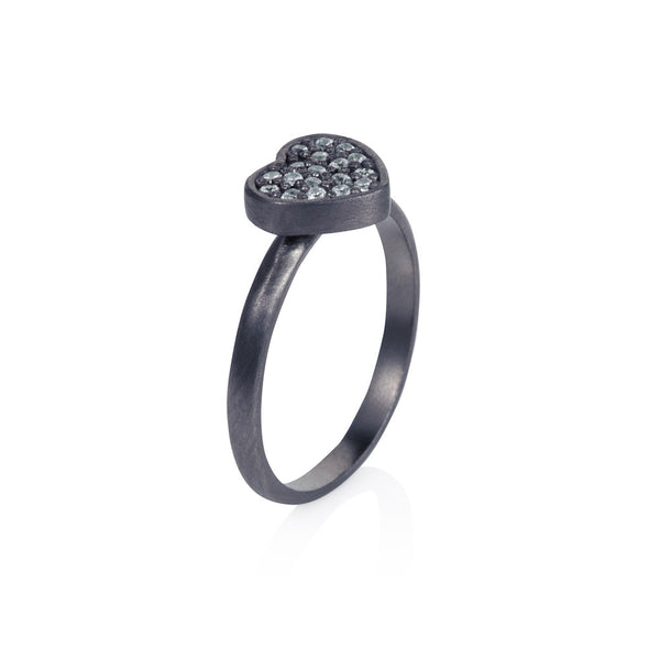 Pettia sterling silver black rhodium plated heart charm ring