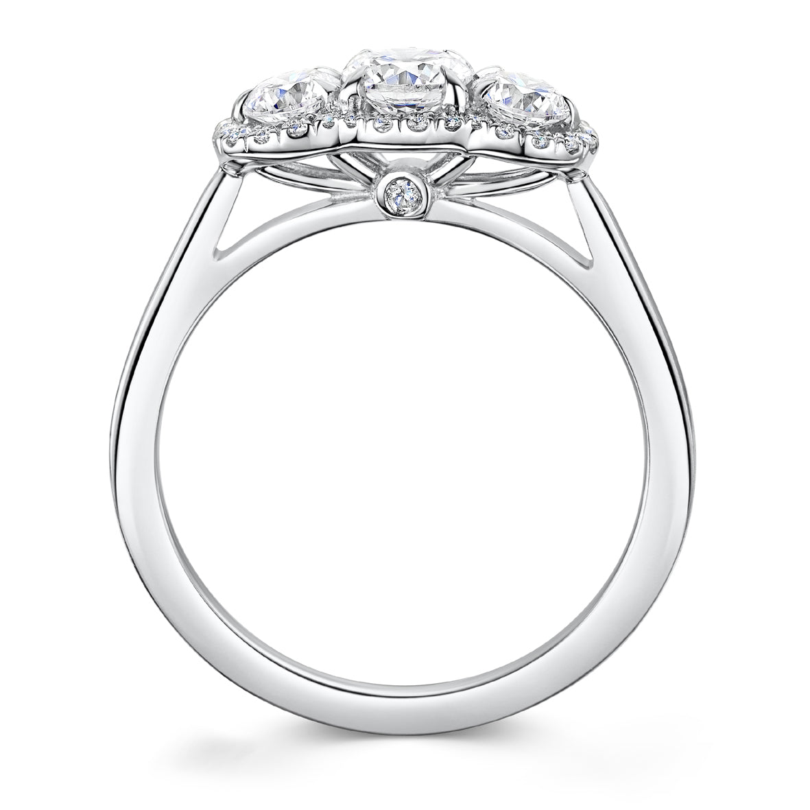 Platinum Brilliant Cut Diamond Halo Three Stone Ring