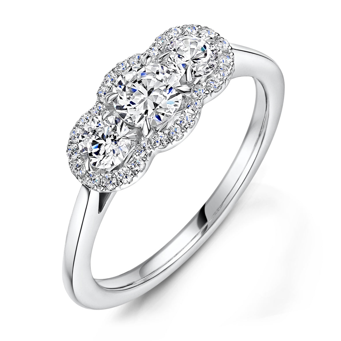 Platinum Brilliant Cut Diamond Halo Three Stone Ring