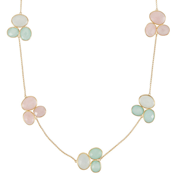 Nadira 18ct gold plated Aqua Chalcedony & Rose Quartz trilogy cluster necklace