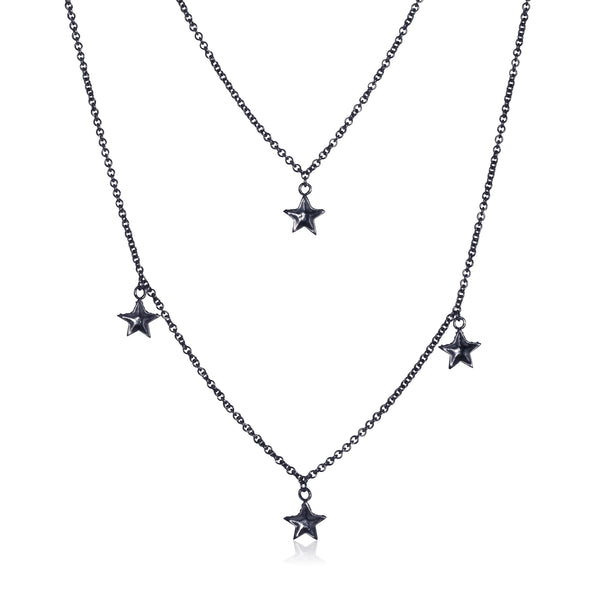 Pettia black rhodium plated sterling silver layered stars charm necklace