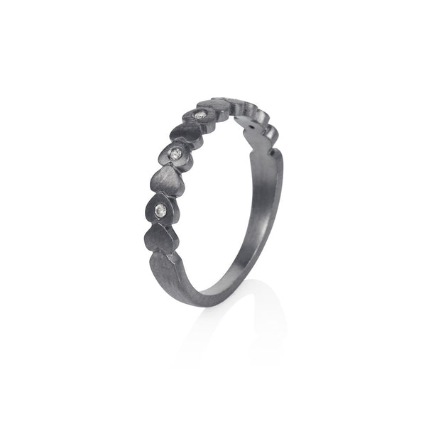 Pettia sterling silver black rhodium plated band of hearts charm ring